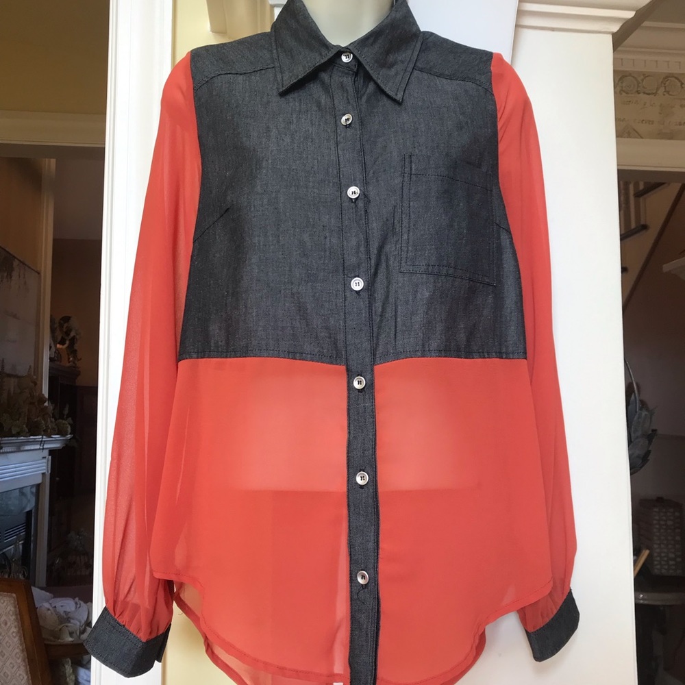 Picky Girl gray denim & orange semi sheer fabric button up front top. Sz Small